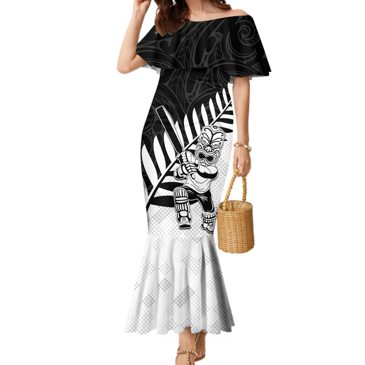 Custom New Zealand Cricket Family Matching Mermaid Dress and Hawaiian Shirt With Maori Pattern LT05 Mom's Dress Black - Polynesian Pride