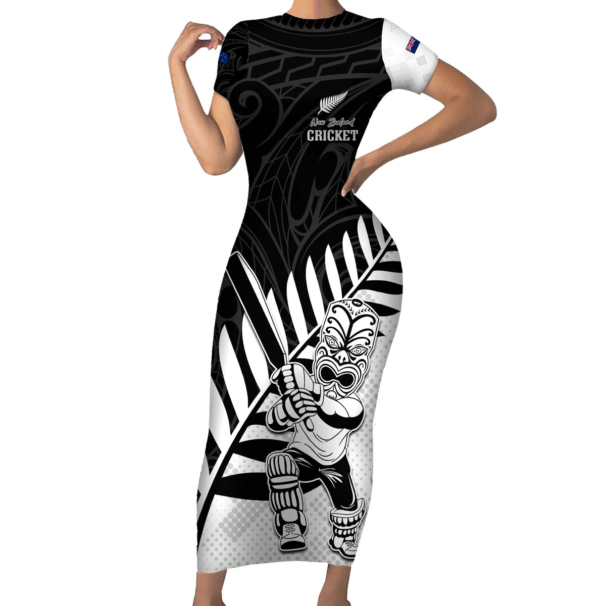 Custom New Zealand Cricket Family Matching Short Sleeve Bodycon Dress and Hawaiian Shirt With Maori Pattern LT05 Mom's Dress Black - Polynesian Pride