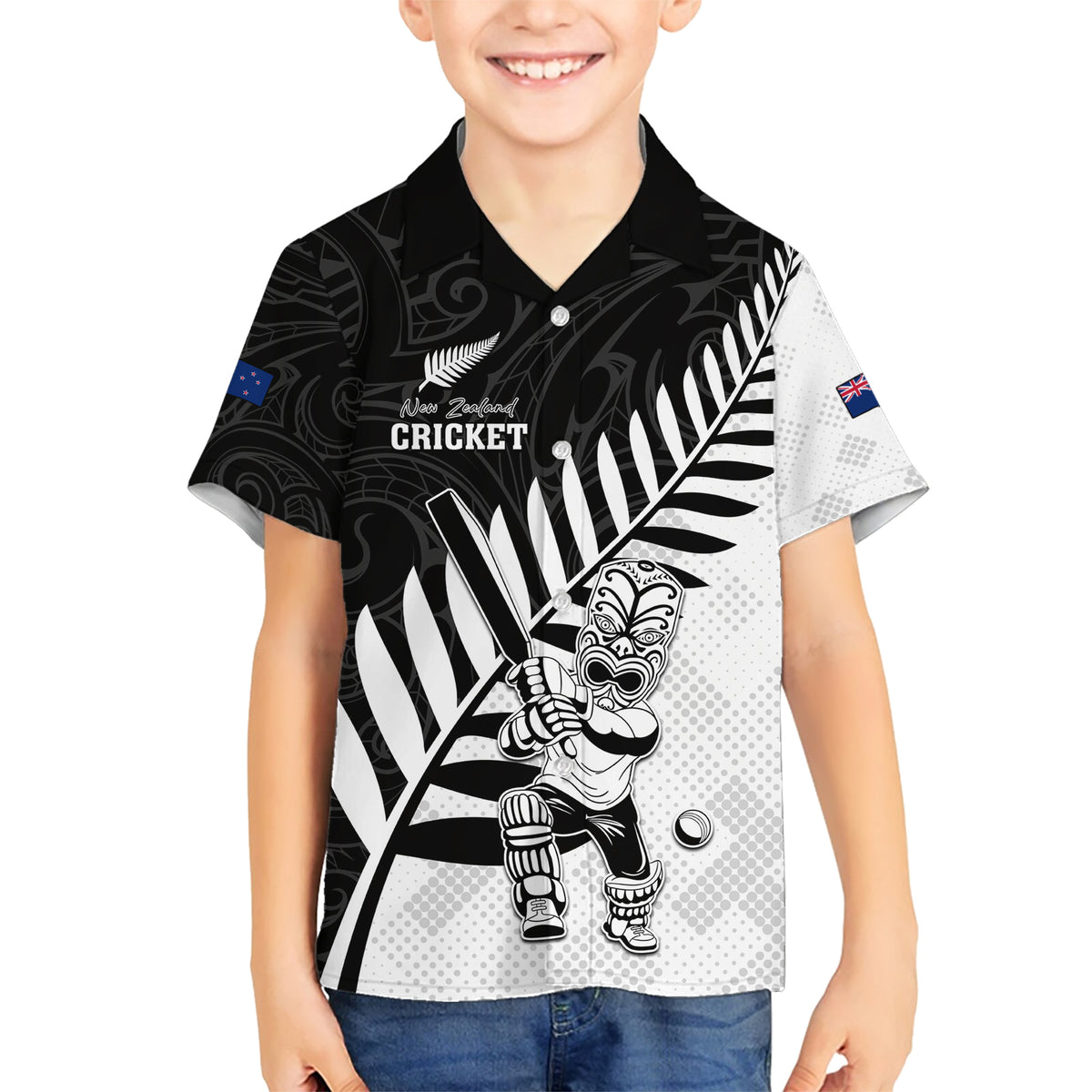 Custom New Zealand Cricket Family Matching Short Sleeve Bodycon Dress and Hawaiian Shirt With Maori Pattern LT05 Son's Shirt Black - Polynesian Pride