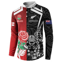 New Zealand And England Rugby Custom Button Sweatshirt Maori Tiki With Red Rose Together