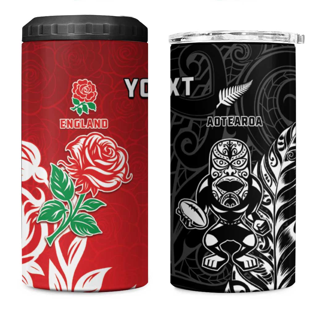 New Zealand And England Rugby Custom 4 in 1 Can Cooler Tumbler Maori Tiki With Red Rose Together LT05 One Size: 16 oz Red - Polynesian Pride