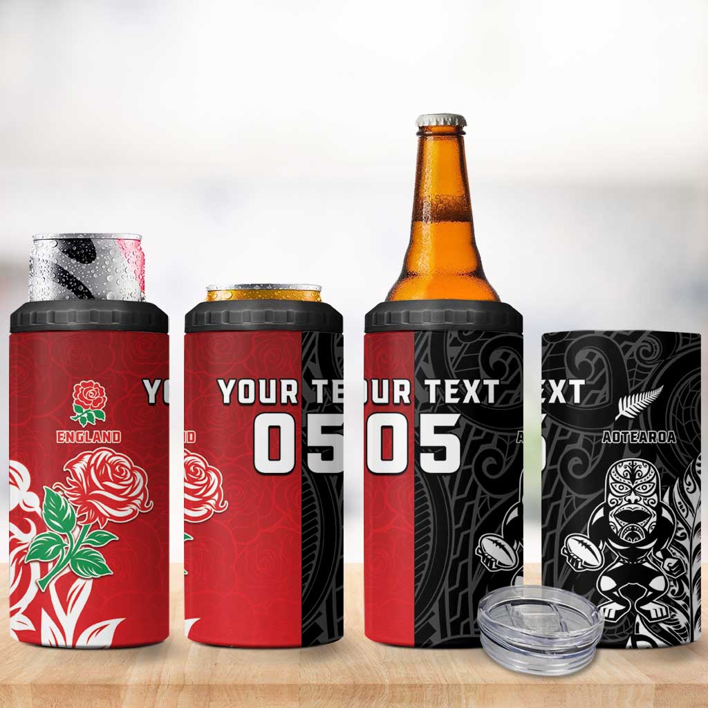 New Zealand And England Rugby Custom 4 in 1 Can Cooler Tumbler Maori Tiki With Red Rose Together LT05 - Polynesian Pride