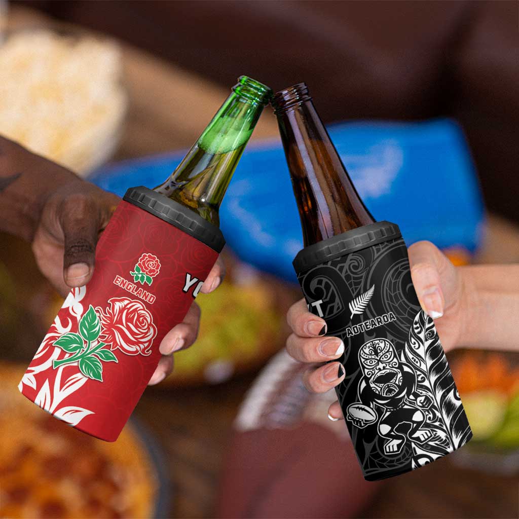 New Zealand And England Rugby Custom 4 in 1 Can Cooler Tumbler Maori Tiki With Red Rose Together LT05 - Polynesian Pride