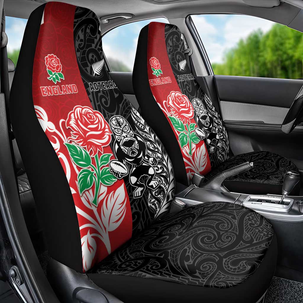 New Zealand And England Rugby Car Seat Cover Maori Tiki With Red Rose Together LT05 - Polynesian Pride