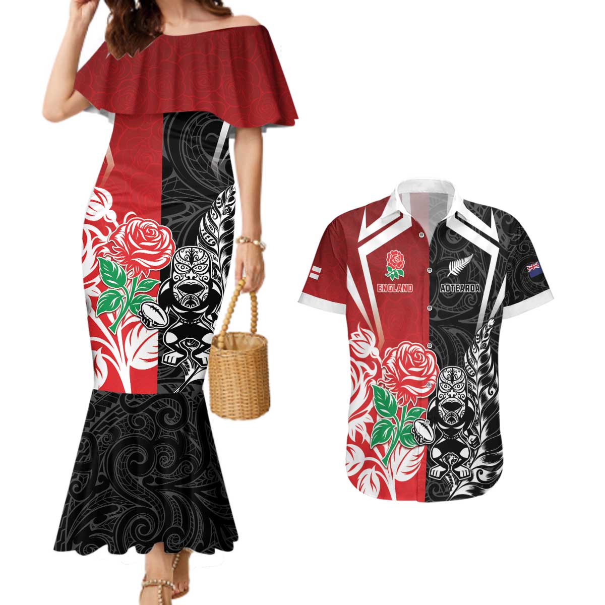 New Zealand And England Rugby Custom Couples Matching Mermaid Dress and Hawaiian Shirt Maori Tiki With Red Rose Together