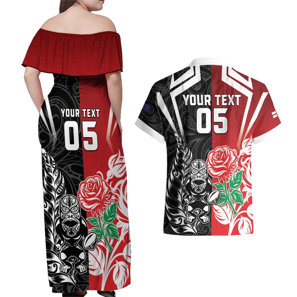 New Zealand And England Rugby Custom Couples Matching Off Shoulder Maxi Dress and Hawaiian Shirt Maori Tiki With Red Rose Together LT05 - Polynesian Pride