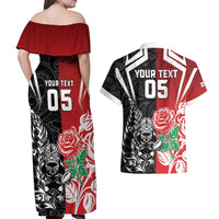 New Zealand And England Rugby Custom Couples Matching Off Shoulder Maxi Dress and Hawaiian Shirt Maori Tiki With Red Rose Together LT05 - Polynesian Pride