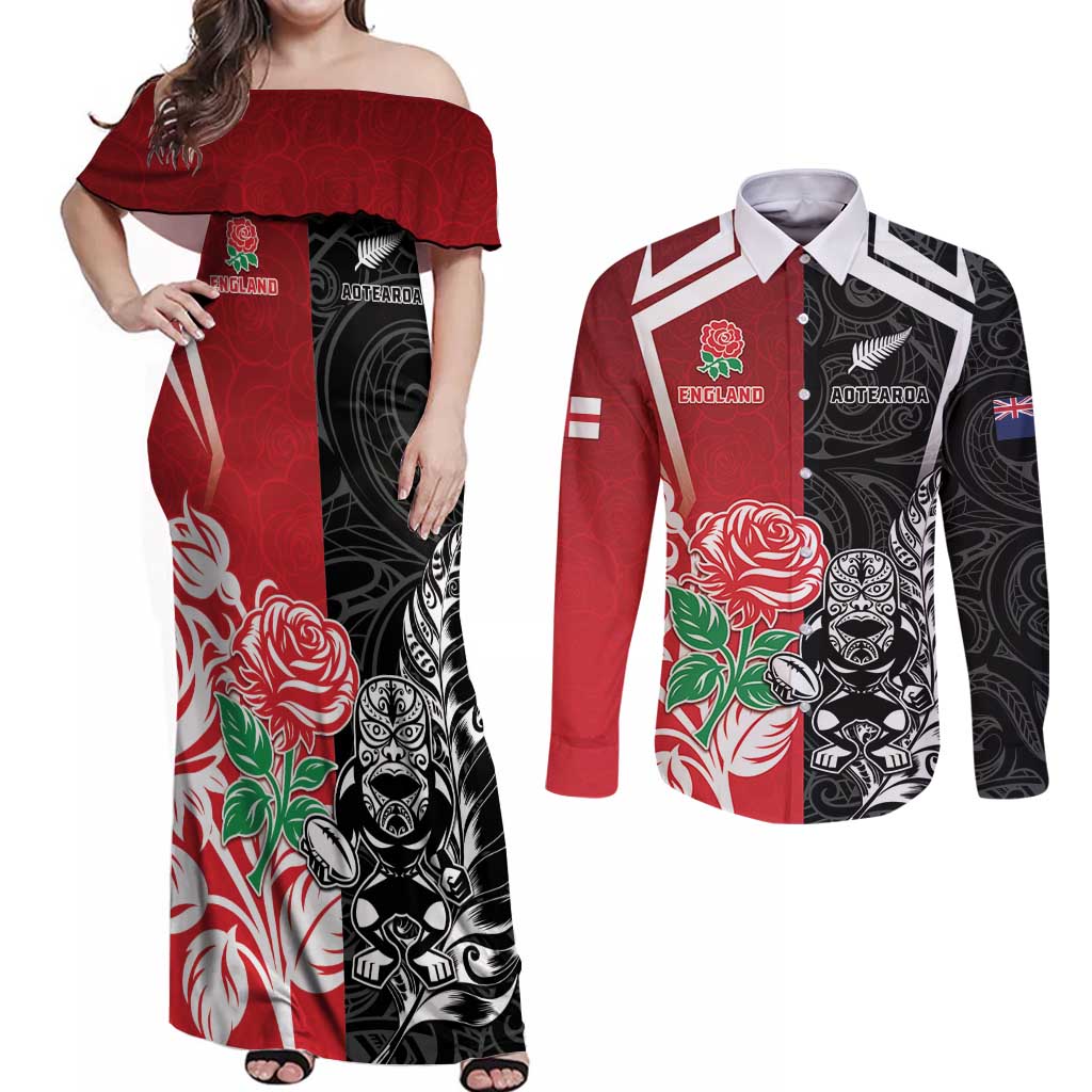 New Zealand And England Rugby Custom Couples Matching Off Shoulder Maxi Dress and Long Sleeve Button Shirt Maori Tiki With Red Rose Together LT05 Red - Polynesian Pride