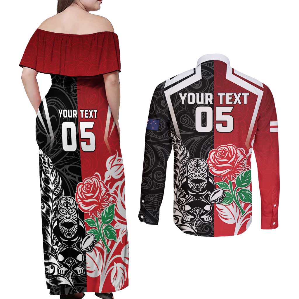 New Zealand And England Rugby Custom Couples Matching Off Shoulder Maxi Dress and Long Sleeve Button Shirt Maori Tiki With Red Rose Together LT05 - Polynesian Pride