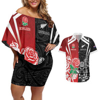 New Zealand And England Rugby Custom Couples Matching Off Shoulder Short Dress and Hawaiian Shirt Maori Tiki With Red Rose Together LT05 Red - Polynesian Pride