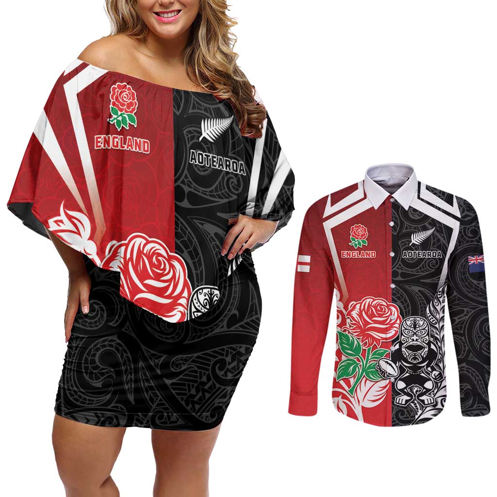 New Zealand And England Rugby Custom Couples Matching Off Shoulder Short Dress and Long Sleeve Button Shirt Maori Tiki With Red Rose Together LT05 Red - Polynesian Pride