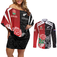 New Zealand And England Rugby Custom Couples Matching Off Shoulder Short Dress and Long Sleeve Button Shirt Maori Tiki With Red Rose Together LT05 Red - Polynesian Pride