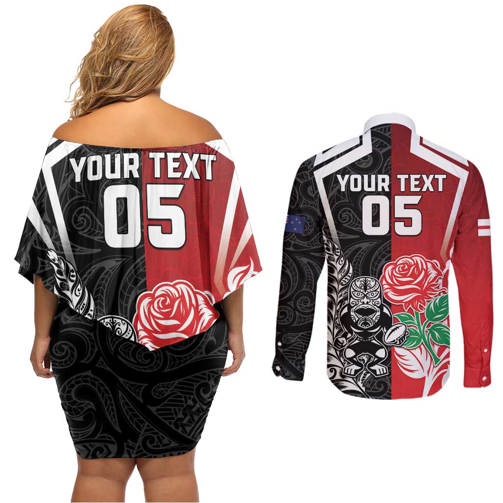 New Zealand And England Rugby Custom Couples Matching Off Shoulder Short Dress and Long Sleeve Button Shirt Maori Tiki With Red Rose Together LT05 - Polynesian Pride