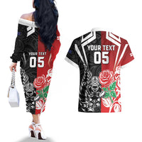 New Zealand And England Rugby Custom Couples Matching Off The Shoulder Long Sleeve Dress and Hawaiian Shirt Maori Tiki With Red Rose Together