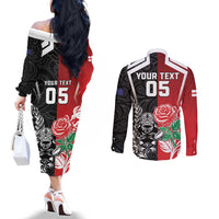 New Zealand And England Rugby Custom Couples Matching Off The Shoulder Long Sleeve Dress and Long Sleeve Button Shirt Maori Tiki With Red Rose Together
