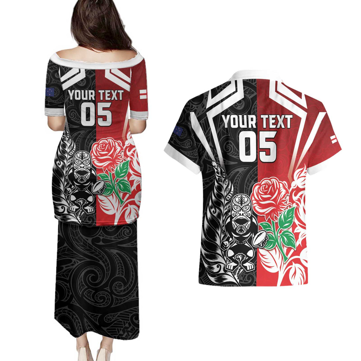 New Zealand And England Rugby Custom Couples Matching Puletasi and Hawaiian Shirt Maori Tiki With Red Rose Together