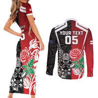 New Zealand And England Rugby Custom Couples Matching Short Sleeve Bodycon Dress and Long Sleeve Button Shirt Maori Tiki With Red Rose Together