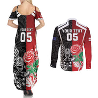 New Zealand And England Rugby Custom Couples Matching Summer Maxi Dress and Long Sleeve Button Shirt Maori Tiki With Red Rose Together