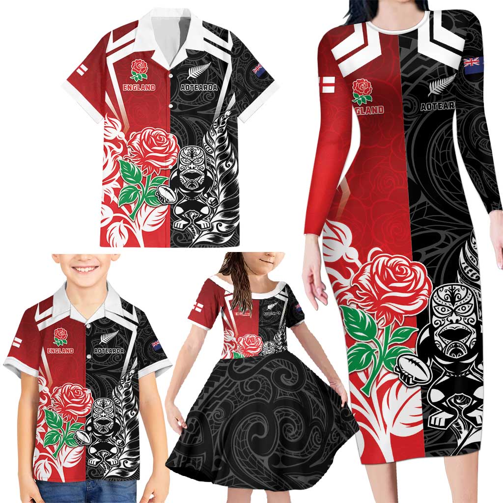 New Zealand And England Rugby Custom Family Matching Long Sleeve Bodycon Dress and Hawaiian Shirt Maori Tiki With Red Rose Together LT05 - Polynesian Pride