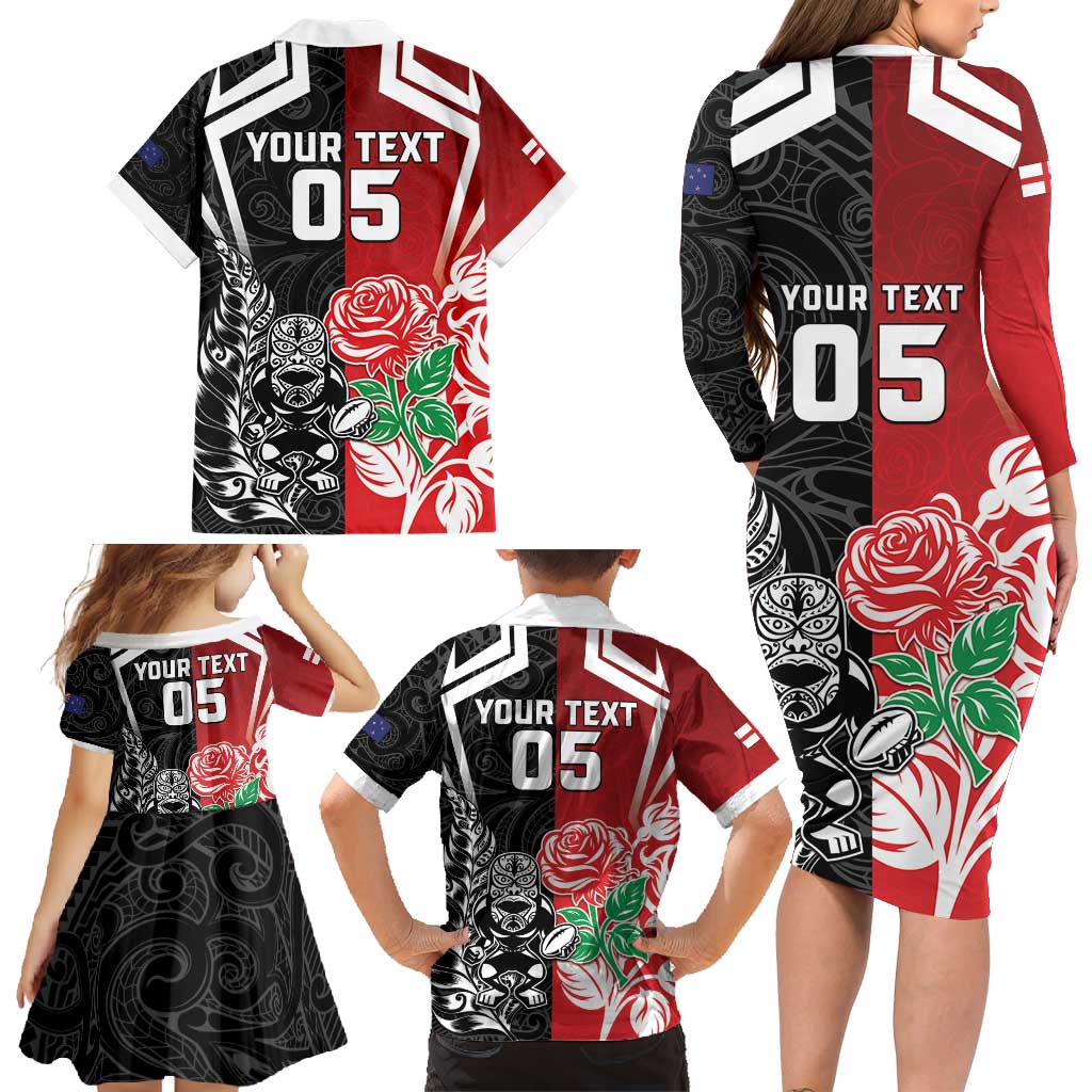 New Zealand And England Rugby Custom Family Matching Long Sleeve Bodycon Dress and Hawaiian Shirt Maori Tiki With Red Rose Together LT05 - Polynesian Pride