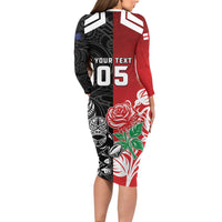 New Zealand And England Rugby Custom Family Matching Long Sleeve Bodycon Dress and Hawaiian Shirt Maori Tiki With Red Rose Together LT05 - Polynesian Pride