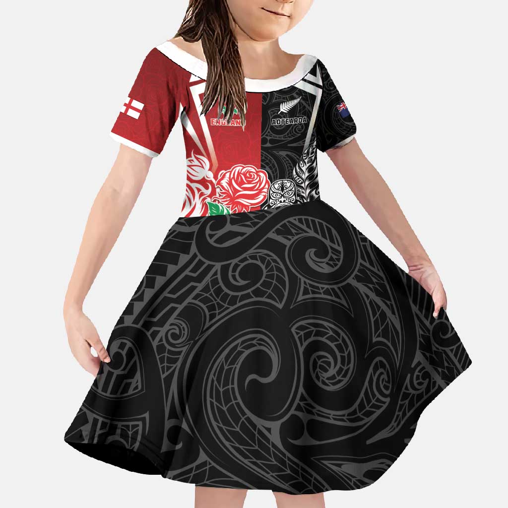 New Zealand And England Rugby Custom Family Matching Mermaid Dress and Hawaiian Shirt Maori Tiki With Red Rose Together LT05 Daughter's Dress Red - Polynesian Pride
