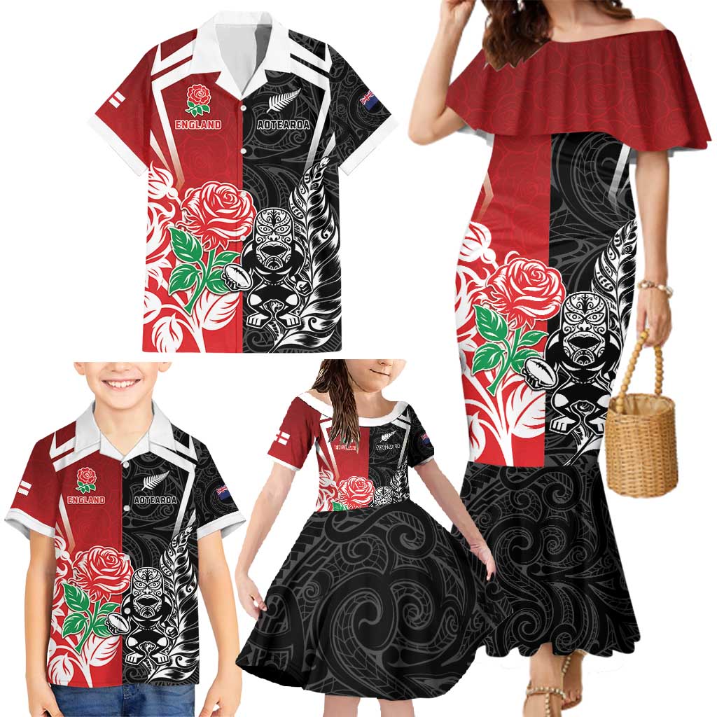 New Zealand And England Rugby Custom Family Matching Mermaid Dress and Hawaiian Shirt Maori Tiki With Red Rose Together LT05 - Polynesian Pride