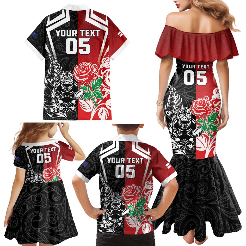 New Zealand And England Rugby Custom Family Matching Mermaid Dress and Hawaiian Shirt Maori Tiki With Red Rose Together LT05 - Polynesian Pride
