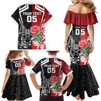 New Zealand And England Rugby Custom Family Matching Mermaid Dress and Hawaiian Shirt Maori Tiki With Red Rose Together LT05 - Polynesian Pride