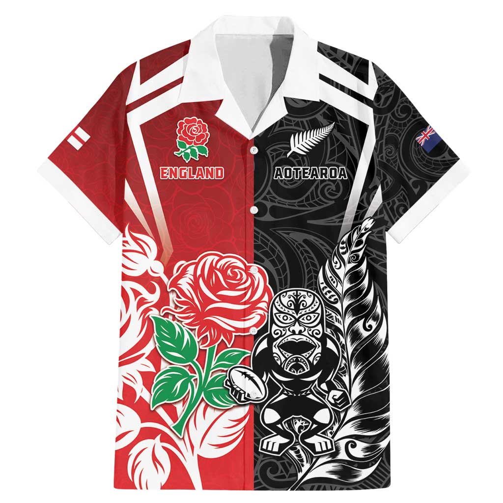 New Zealand And England Rugby Custom Family Matching Mermaid Dress and Hawaiian Shirt Maori Tiki With Red Rose Together LT05 Dad's Shirt - Short Sleeve Red - Polynesian Pride
