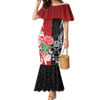 New Zealand And England Rugby Custom Family Matching Mermaid Dress and Hawaiian Shirt Maori Tiki With Red Rose Together LT05 Mom's Dress Red - Polynesian Pride