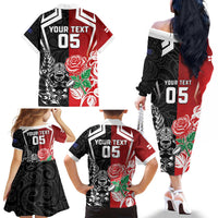 New Zealand And England Rugby Custom Family Matching Off The Shoulder Long Sleeve Dress and Hawaiian Shirt Maori Tiki With Red Rose Together