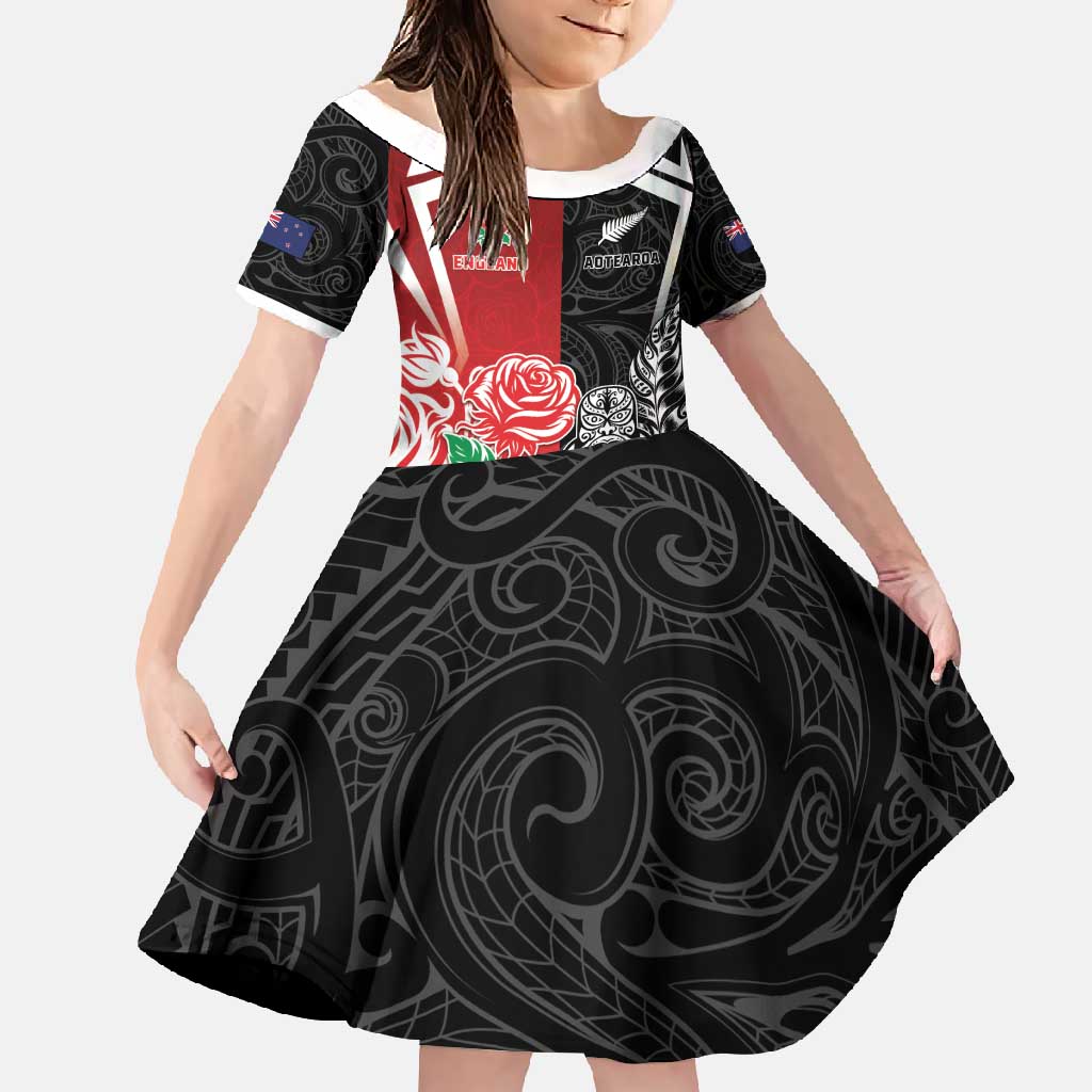 New Zealand And England Rugby Custom Family Matching Off Shoulder Maxi Dress and Hawaiian Shirt Maori Tiki With Red Rose Together LT05 Daughter's Dress Red - Polynesian Pride