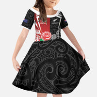 New Zealand And England Rugby Custom Family Matching Off Shoulder Maxi Dress and Hawaiian Shirt Maori Tiki With Red Rose Together LT05 Daughter's Dress Red - Polynesian Pride