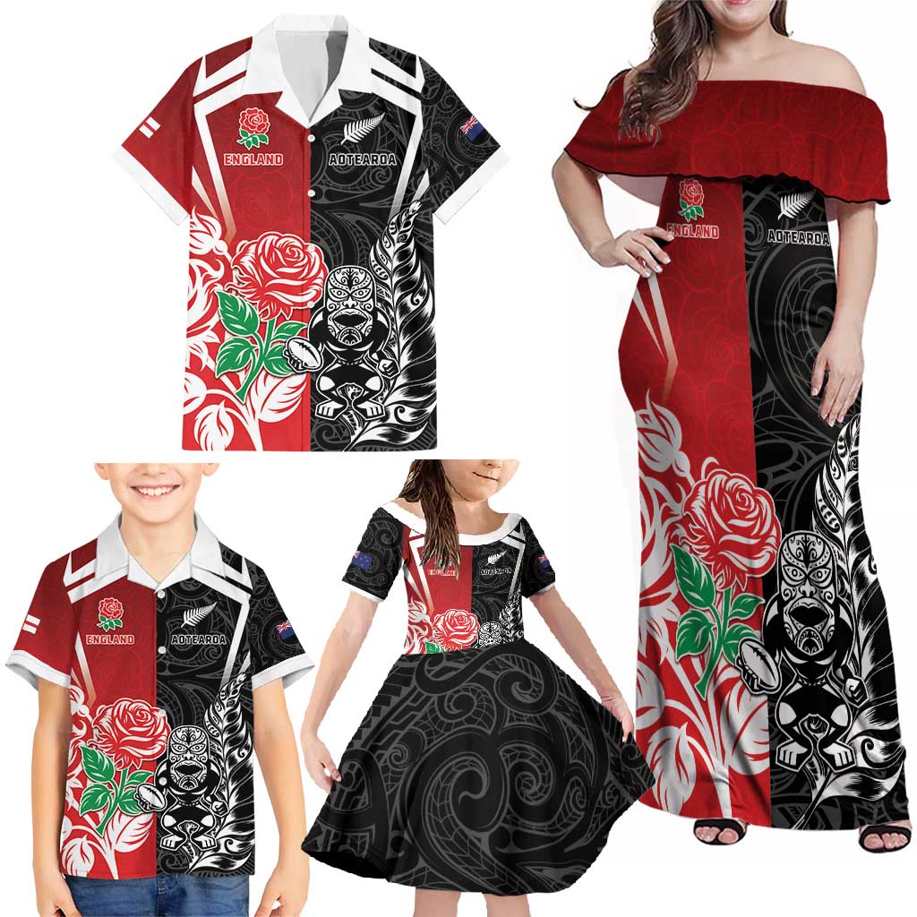 New Zealand And England Rugby Custom Family Matching Off Shoulder Maxi Dress and Hawaiian Shirt Maori Tiki With Red Rose Together LT05 - Polynesian Pride