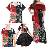 New Zealand And England Rugby Custom Family Matching Off Shoulder Maxi Dress and Hawaiian Shirt Maori Tiki With Red Rose Together LT05 - Polynesian Pride