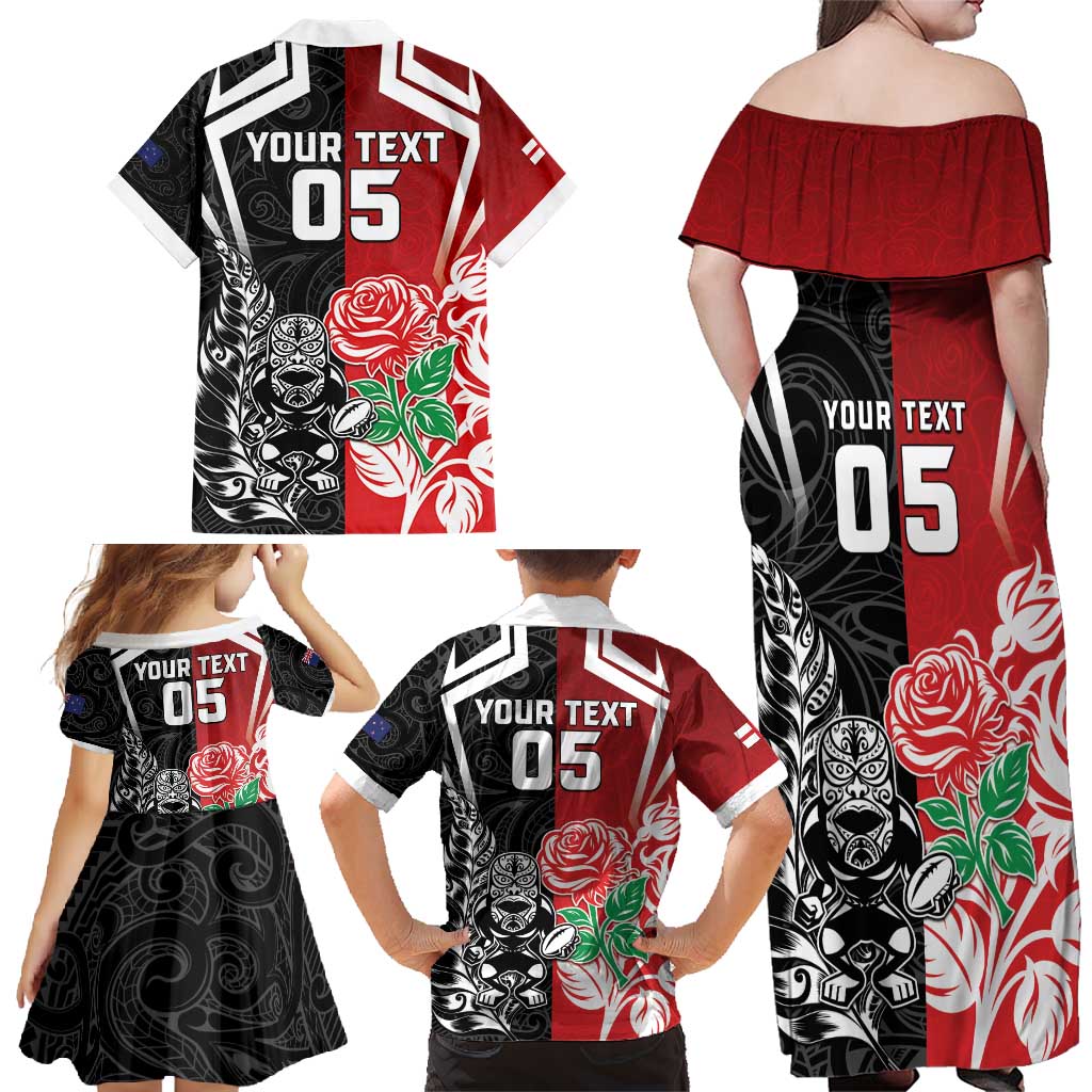 New Zealand And England Rugby Custom Family Matching Off Shoulder Maxi Dress and Hawaiian Shirt Maori Tiki With Red Rose Together LT05 - Polynesian Pride