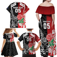 New Zealand And England Rugby Custom Family Matching Off Shoulder Maxi Dress and Hawaiian Shirt Maori Tiki With Red Rose Together LT05 - Polynesian Pride