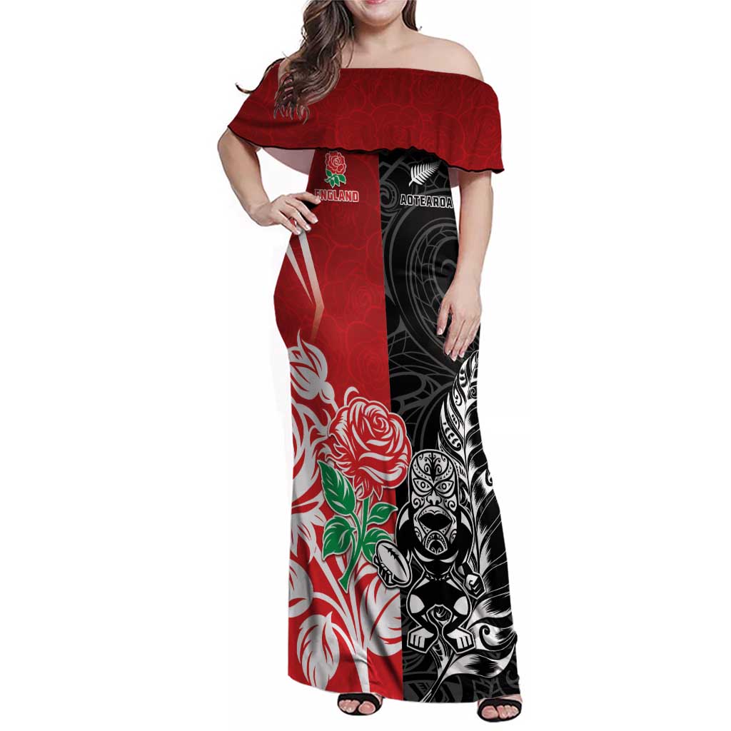 New Zealand And England Rugby Custom Family Matching Off Shoulder Maxi Dress and Hawaiian Shirt Maori Tiki With Red Rose Together LT05 Mom's Dress Red - Polynesian Pride