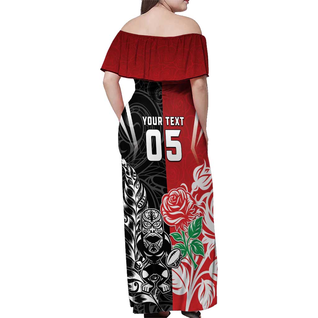 New Zealand And England Rugby Custom Family Matching Off Shoulder Maxi Dress and Hawaiian Shirt Maori Tiki With Red Rose Together LT05 - Polynesian Pride