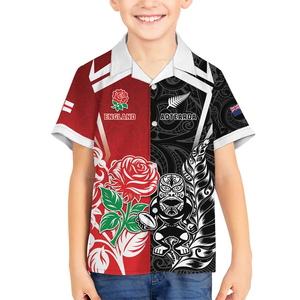 New Zealand And England Rugby Custom Family Matching Off Shoulder Maxi Dress and Hawaiian Shirt Maori Tiki With Red Rose Together LT05 Son's Shirt Red - Polynesian Pride