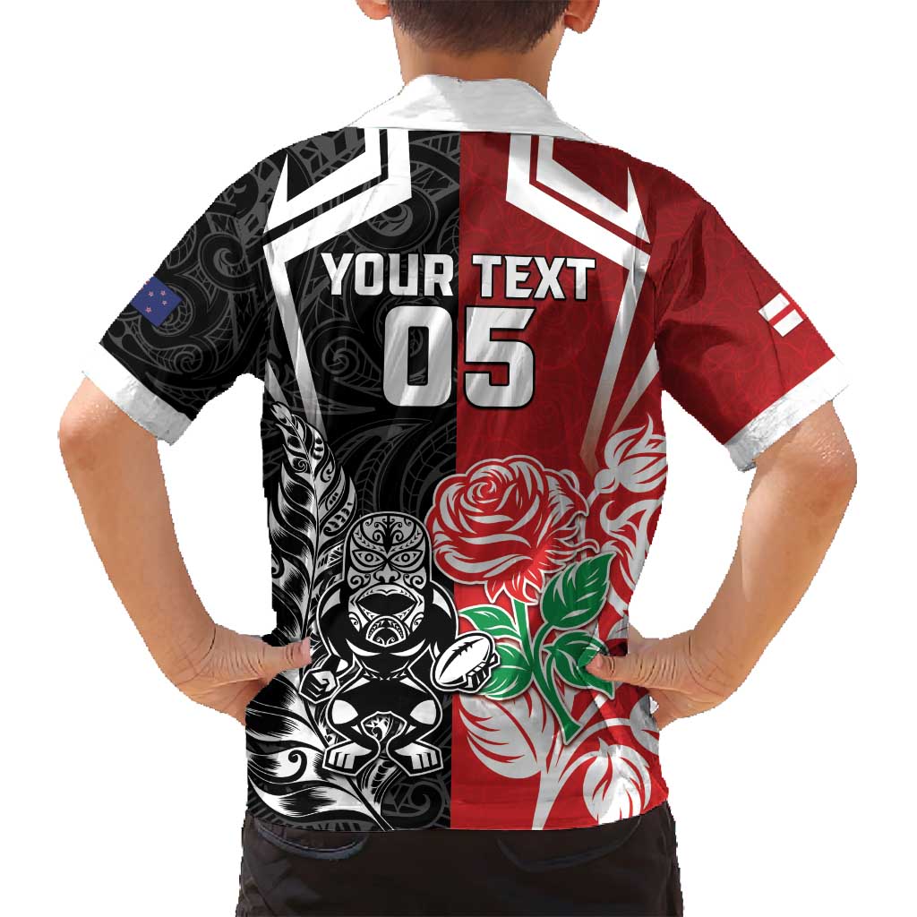 New Zealand And England Rugby Custom Family Matching Off Shoulder Short Dress and Hawaiian Shirt Maori Tiki With Red Rose Together LT05 - Polynesian Pride