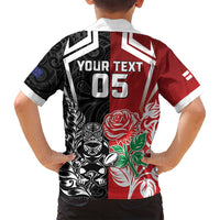 New Zealand And England Rugby Custom Family Matching Off Shoulder Short Dress and Hawaiian Shirt Maori Tiki With Red Rose Together LT05 - Polynesian Pride