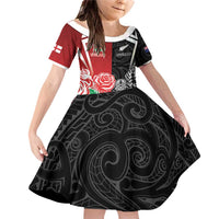 New Zealand And England Rugby Custom Family Matching Off Shoulder Short Dress and Hawaiian Shirt Maori Tiki With Red Rose Together LT05 Daughter's Dress Red - Polynesian Pride
