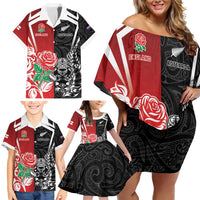 New Zealand And England Rugby Custom Family Matching Off Shoulder Short Dress and Hawaiian Shirt Maori Tiki With Red Rose Together LT05 - Polynesian Pride