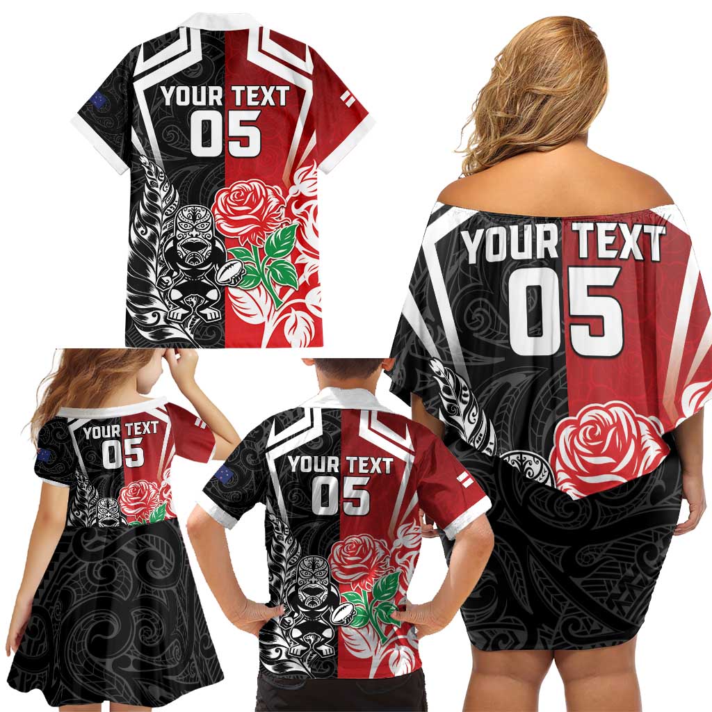 New Zealand And England Rugby Custom Family Matching Off Shoulder Short Dress and Hawaiian Shirt Maori Tiki With Red Rose Together LT05 - Polynesian Pride