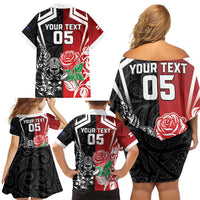 New Zealand And England Rugby Custom Family Matching Off Shoulder Short Dress and Hawaiian Shirt Maori Tiki With Red Rose Together LT05 - Polynesian Pride