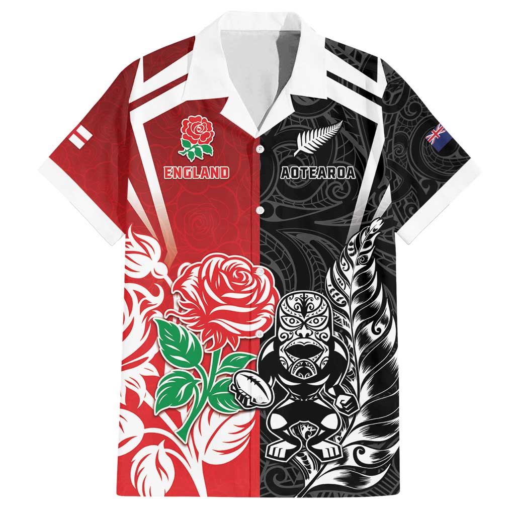 New Zealand And England Rugby Custom Family Matching Off Shoulder Short Dress and Hawaiian Shirt Maori Tiki With Red Rose Together LT05 Dad's Shirt - Short Sleeve Red - Polynesian Pride