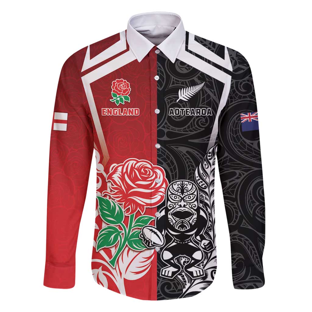 New Zealand And England Rugby Custom Family Matching Off Shoulder Short Dress and Hawaiian Shirt Maori Tiki With Red Rose Together LT05 Dad's Shirt - Long Sleeve Red - Polynesian Pride