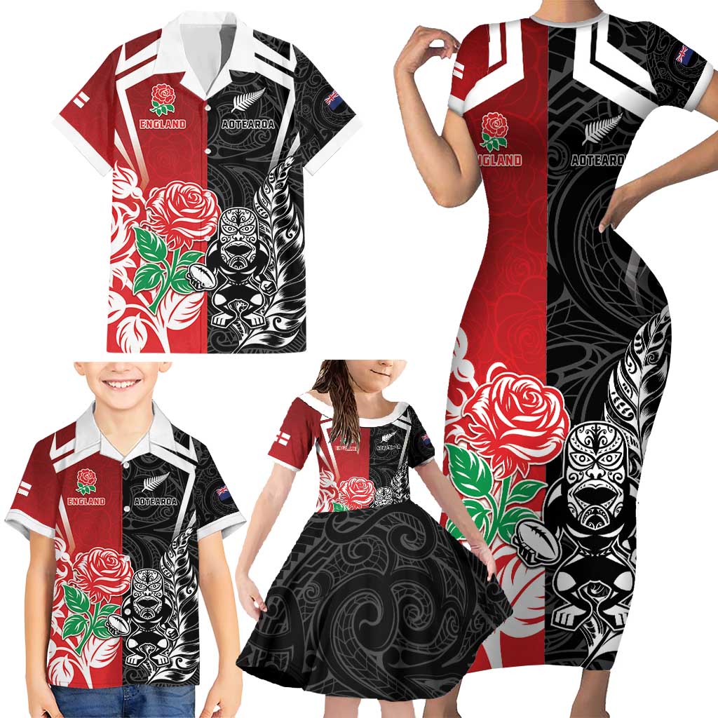 New Zealand And England Rugby Custom Family Matching Short Sleeve Bodycon Dress and Hawaiian Shirt Maori Tiki With Red Rose Together LT05 - Polynesian Pride